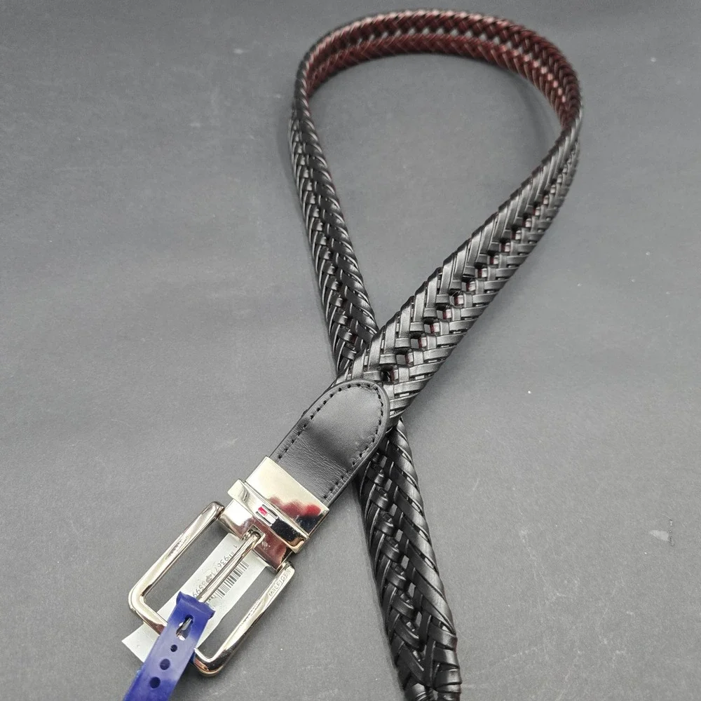 Tommy Hilfiger Mens Reversible Woven Belt Black Brown Leather Trim 11TL040002 SM